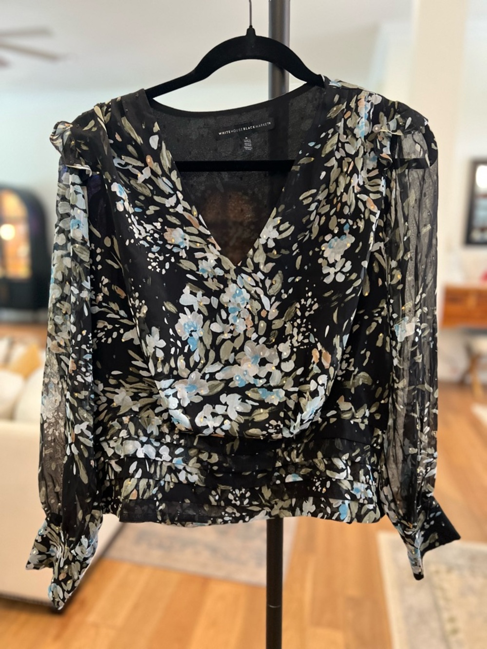 White House Black Market - Black Floral V-Neck Long Sleeve Blouse - Picture 2 of 12